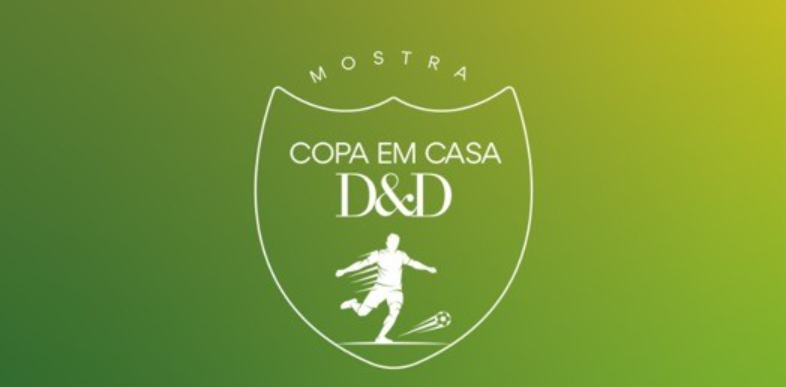 Imagem promocional da mostra 'Copa em Casa', com elementos que remetem ao futebol e ao design de interiores.